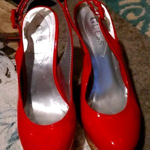 Red, cork platform heels